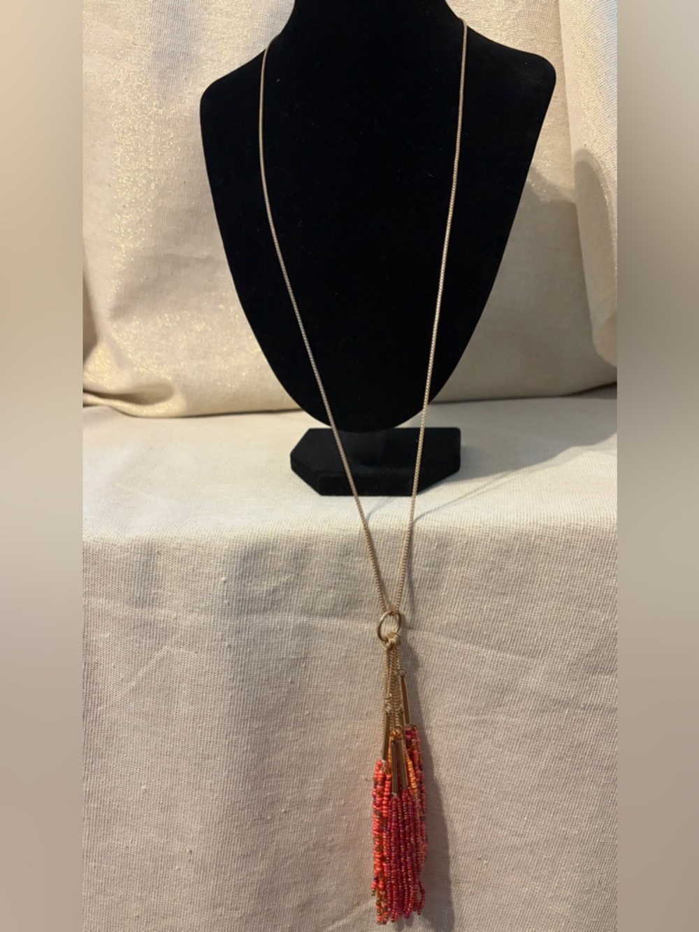 Erica Lyons - Gold Long Tassel Necklace with Coral Beaded Fringe - Women Jewelry